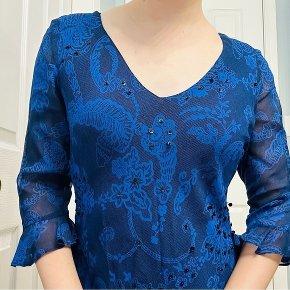 Vintage Dress Knee Length Blue Cocktail Floral Sequin Modest Sheath Small - Picture 6 of 6